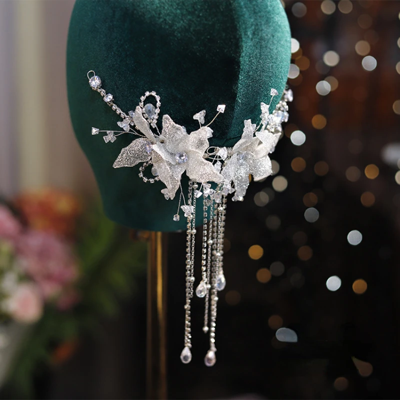 

Rhinestone Sparkling Pink Flower hair decoration Ear Hanging dual use Headwear Bridal Wedding Hair Accessories