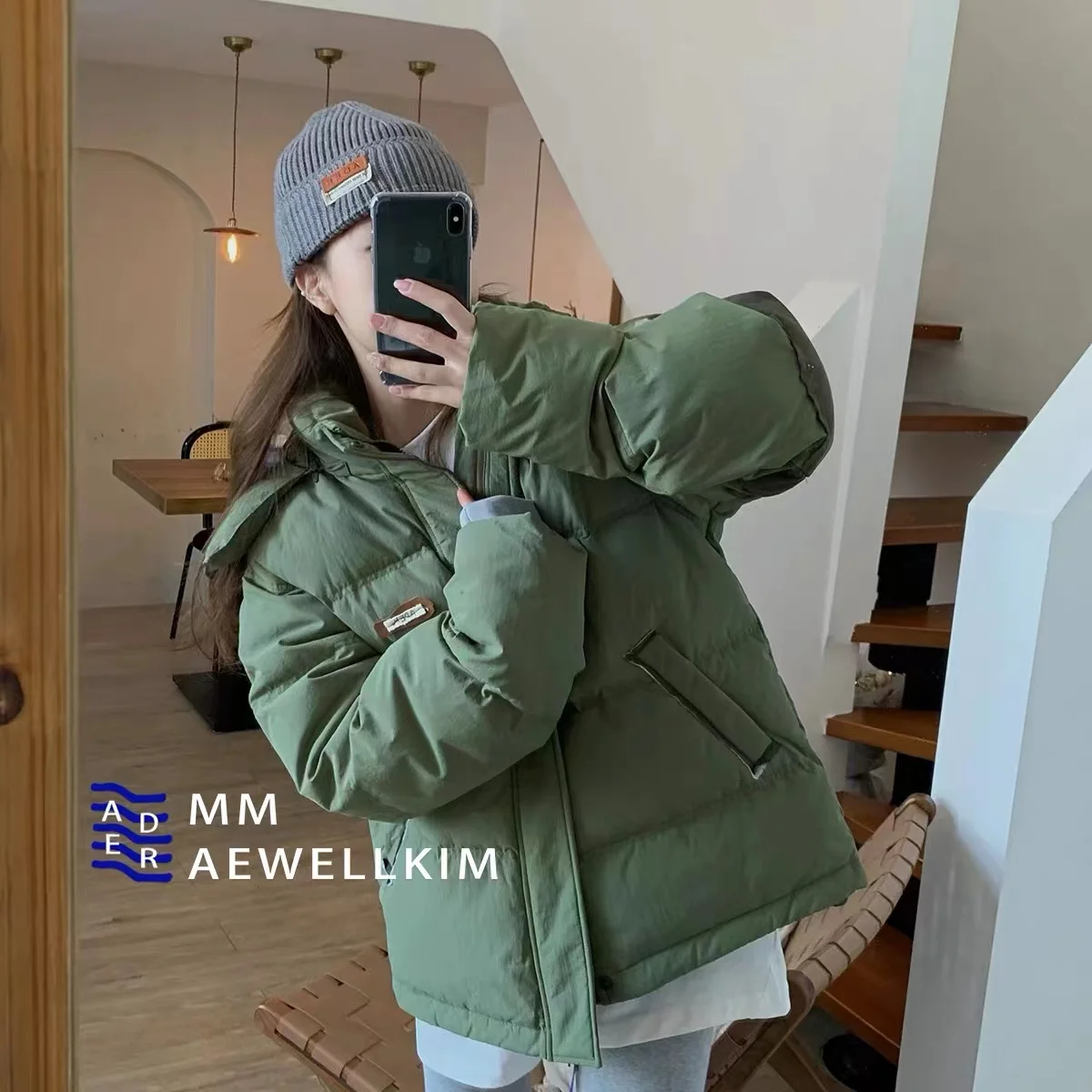 Ader error autumn and winter color contrast long sleeved men's and women's loose hooded white duck down thickened down jacket