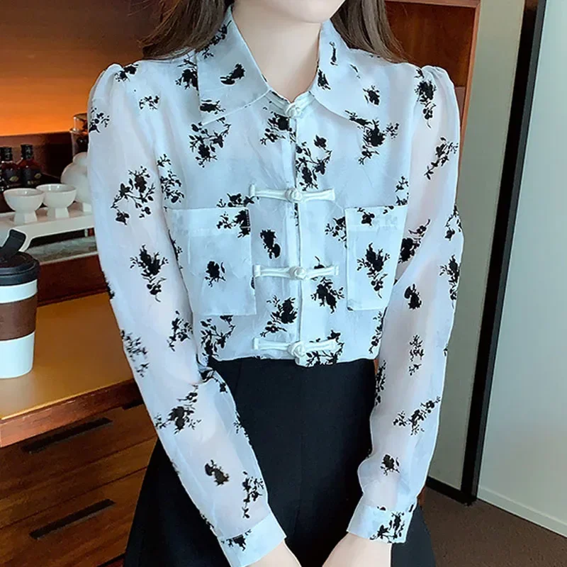 Женская шифоновая блузка с длинным рукавом отложным воротником