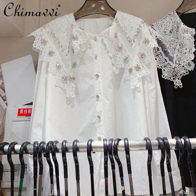

2022 Early Spring New Korean Style Solid Lace Diamond-Embedded Doll Collar Shirt Women Fashion Sweet Loose Slimming Blouses Top