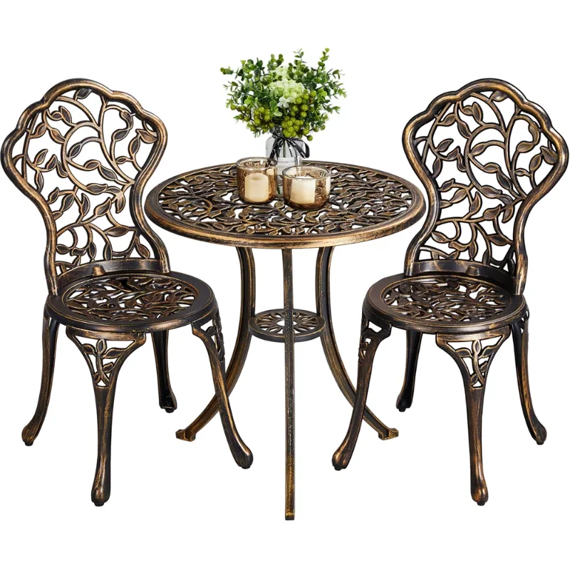 

SMILE MART 3-Piece Leaf Pattern Metal Outdoor Bistro Set with Umbrella Hole, Bronze