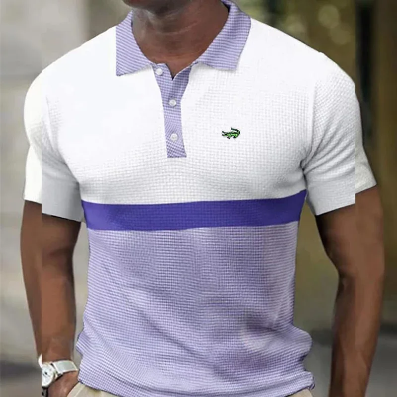 

Men's Polo Shirt Fashion Stripe Stitching Casual Lapel Button Summer Men's Short Sleeve Slim Figure Breathable Routine Work Polo