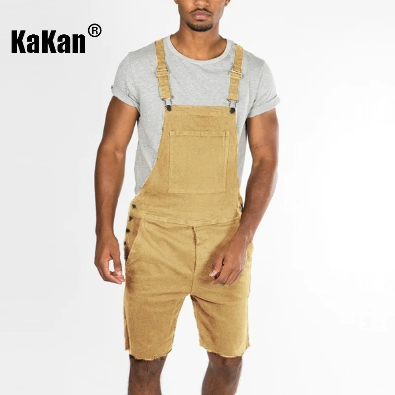 Kakan - European and American New Vintage Capris Sling Jeans for Men, Black Yellow Strap One Piece Jeans K34-507