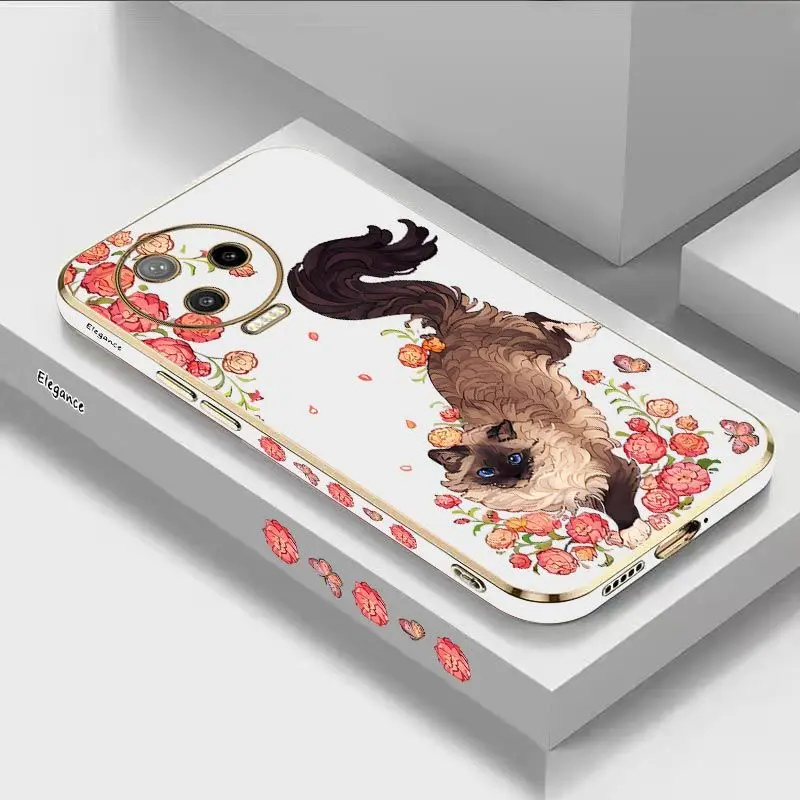 

Cat In The Flowers Luxury Plating Phone Case For Infinix Note 12pro 12 11Pro 10 Pro 10 Hot 11S 12 Play 10 Play 10S 10 Lite Cover