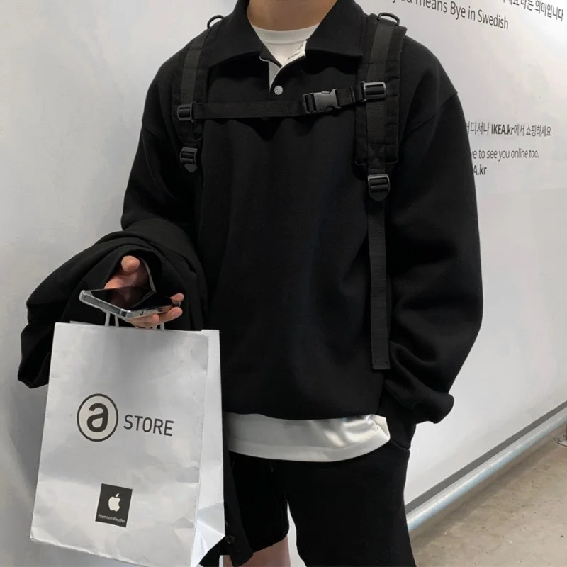 

Свитшот мужской с отложным воротником, модный пуховик в Корейском стиле, однотонный Свободный пуловер, одежда с воротником, на весну