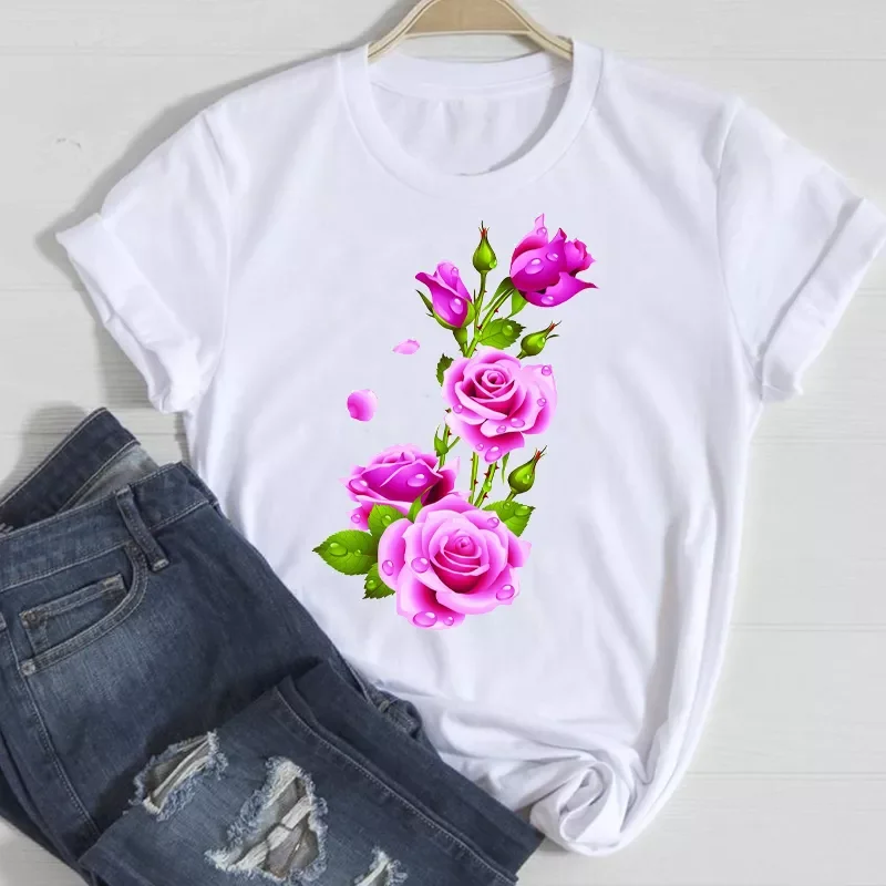 

2022New Women Aesthetic Flower Korean Kawaii Office 2020 Sweet Cute Clothes Stylish Tshirt Top Lady Print 2021 Tee T-Shirt