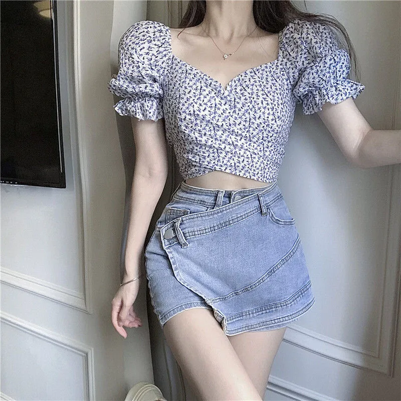 

Fashion Blue Floral Square Neck Short Puff Sleeve Summer Blouses Women Sexy Crop Tops Plus Size Slim Casual Blusas Female