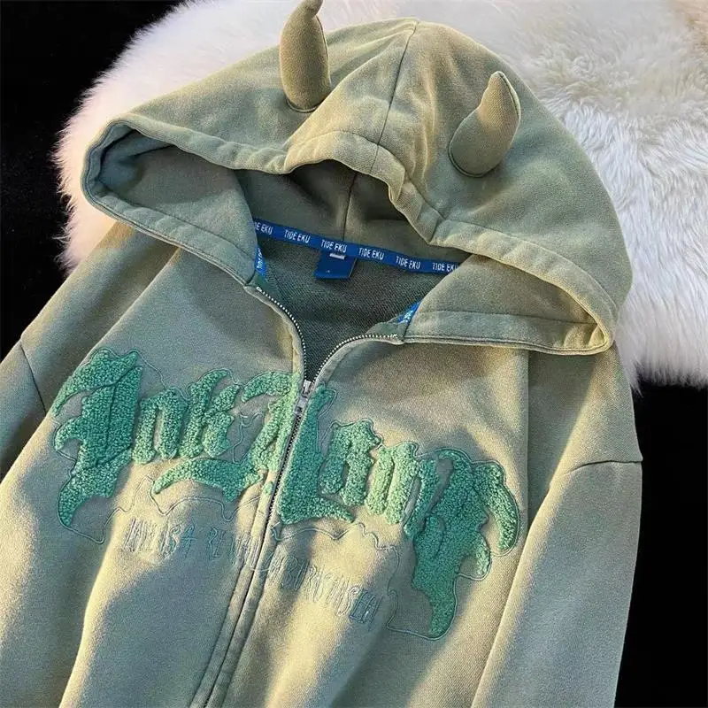 

Casual Couple Hooded Coats Women Vintage Zipper Letter Embroidery Sweatshirts Long Sleeve Loose Jackets New Harajuku Street Tops