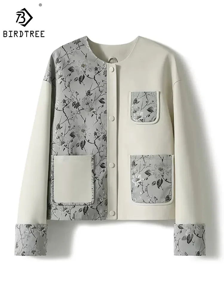 Лоскутное пальто BirdTree из шёлка тутового шелкопряда и овечьей кожи