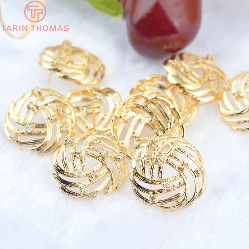 (2134)4 шт. 20x19 мм латунные серьги-гвоздики с цирконом и розовым цветком 24-каратного