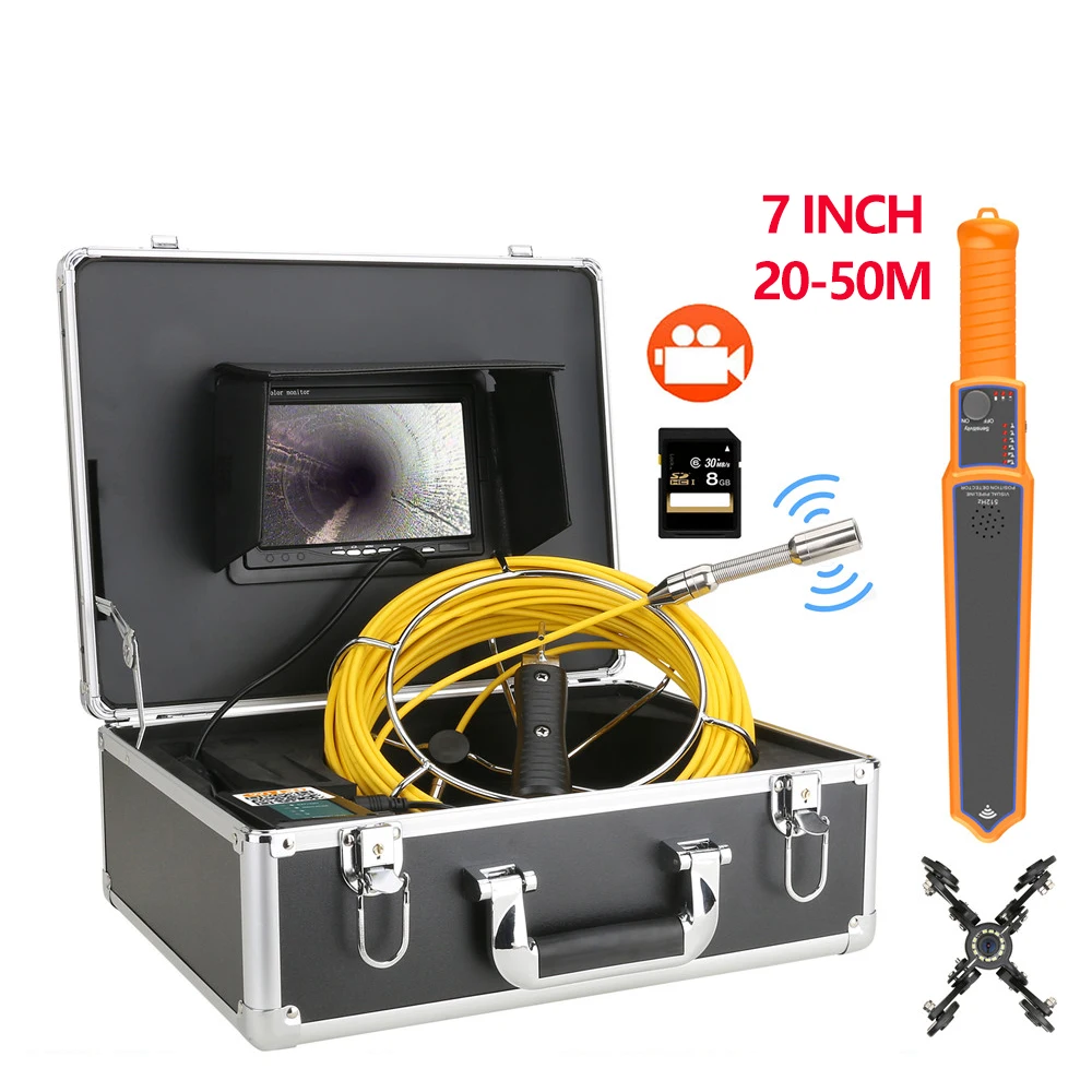

7" Monitor 20M 30M 40M 50M DVR Sewer Pipe Inspection Video Camera with Meter Counter 512HZ Pipe Locator 22MM IP68 HD 1000TVL