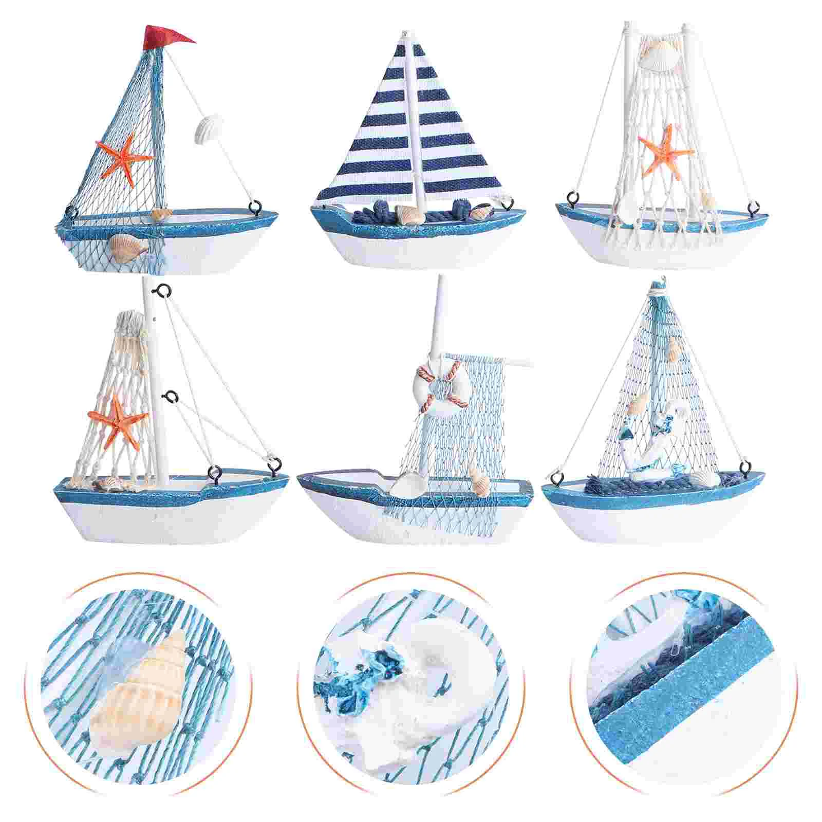 

6 Pcs Mediterranean Style Boat Model Sailboat Ship Desktop Ornament Display MDF Seaside