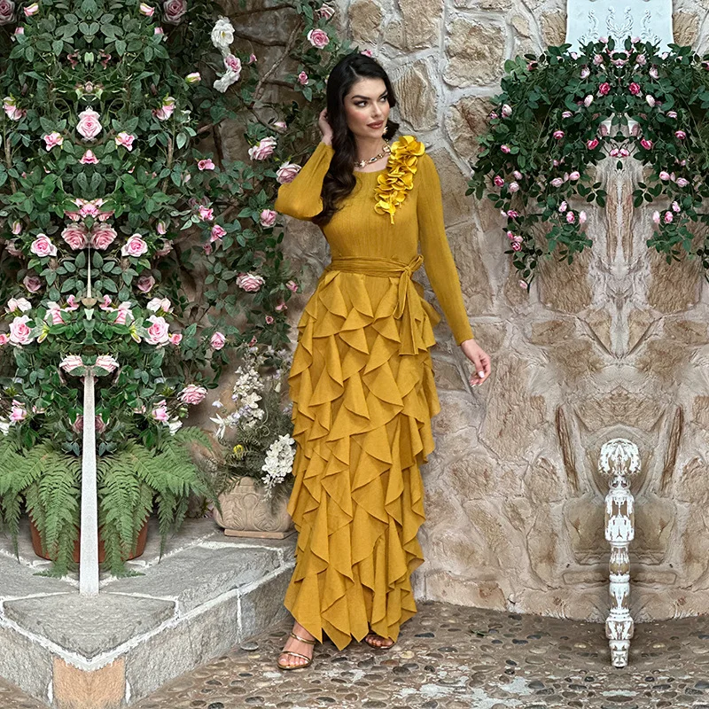 Плиссированное платье 2025 года с рюшами женское повседневное макси