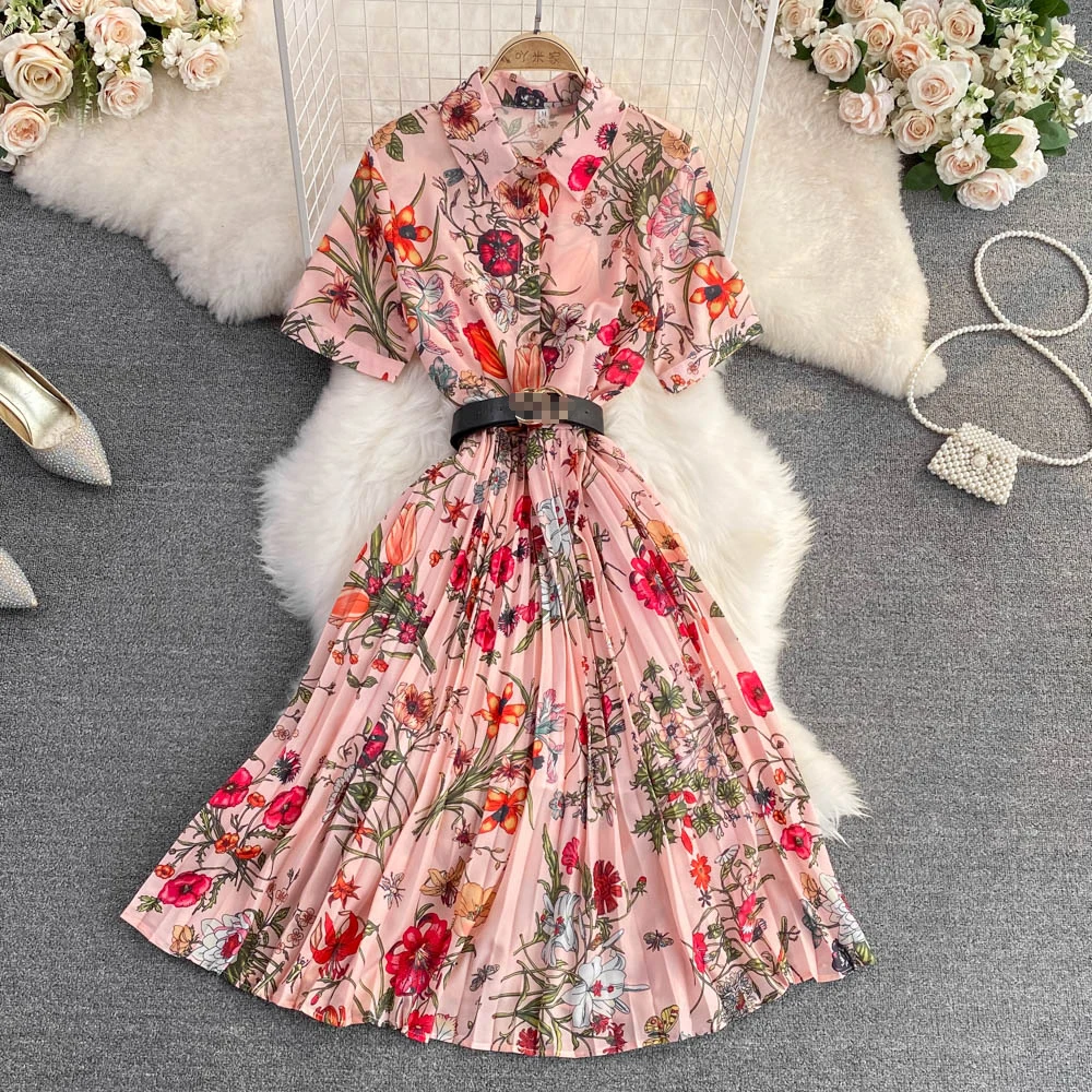 

VANOVICH 2022 Summer New Gentle Style Ladies Temperament Turn-down Collar Waist Thin Floral Chiffon A-line Pleated Casual Dress