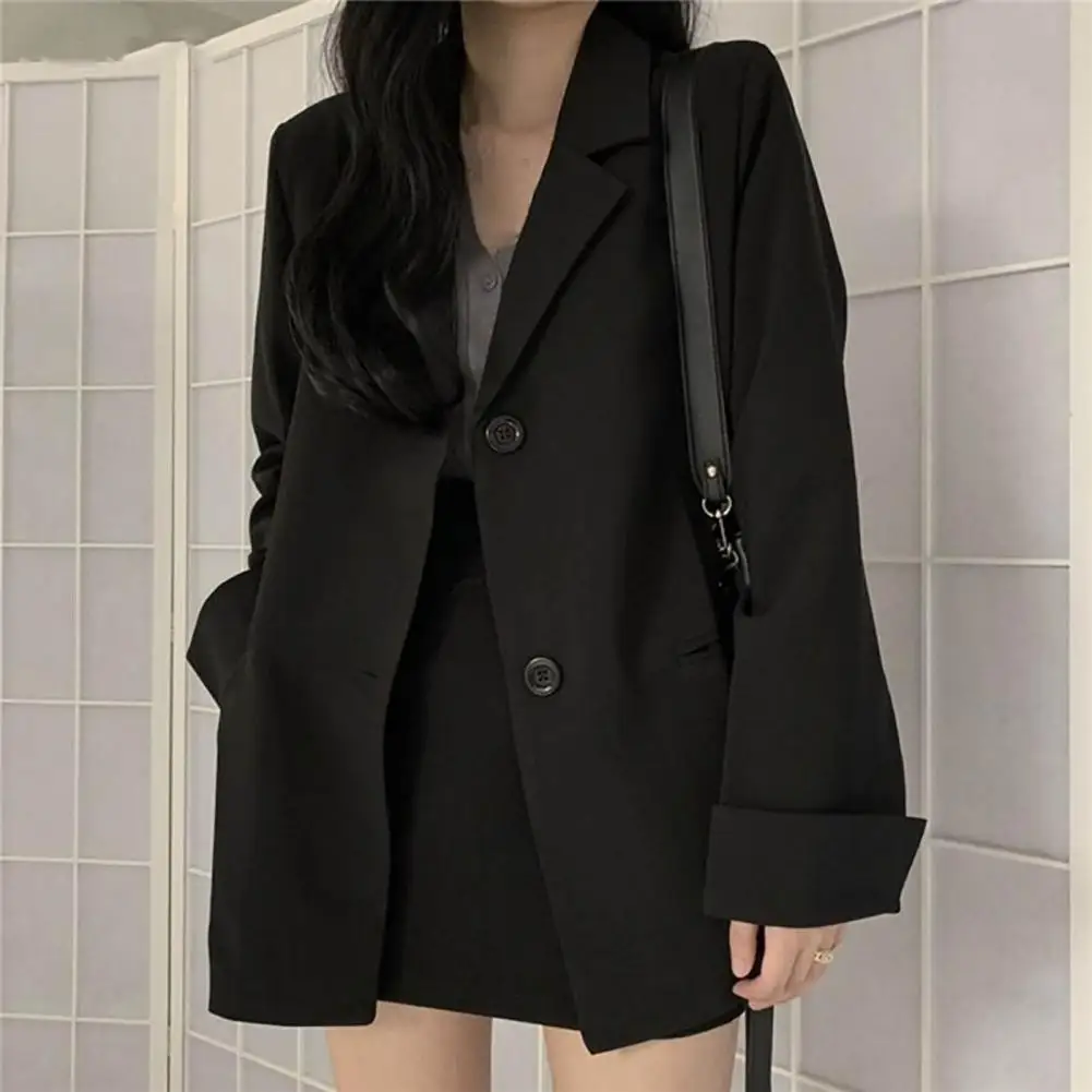 

Classic Lady Suit Jacket Turn-Down Collar Solid Color Blazer Coat Office Lady Commuting Pure Black Suit Jacket