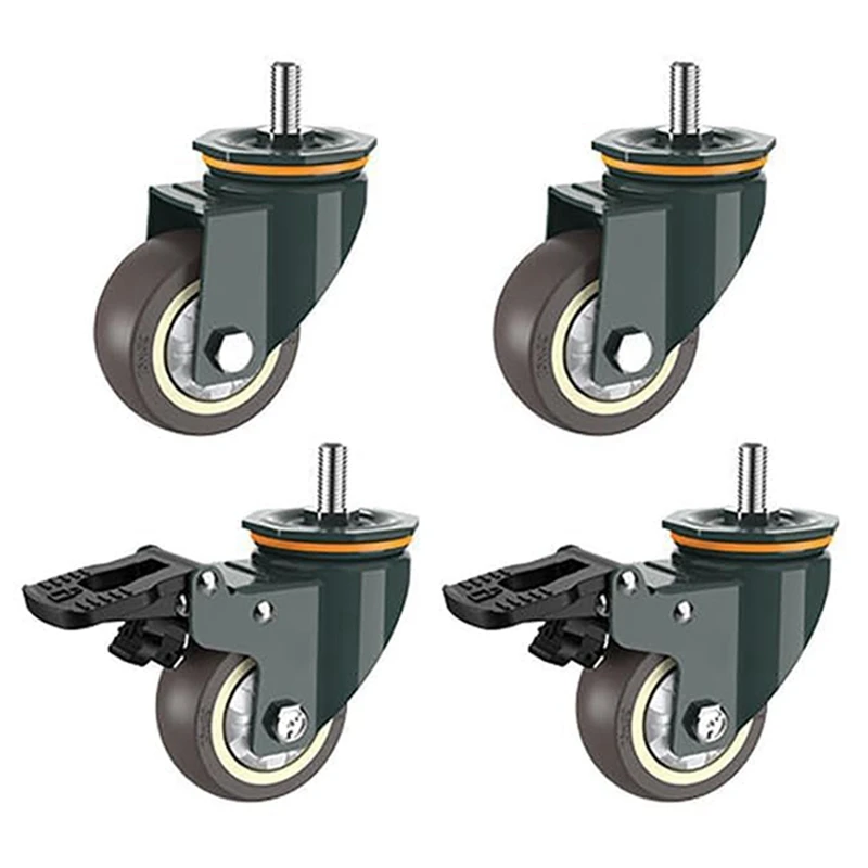 

Caster Wheels,4 PCS M16 Thread Heavy Duty TPR Wheels With Brake Universal 360° Swivel Nature Trolley Replacements 3 Inch