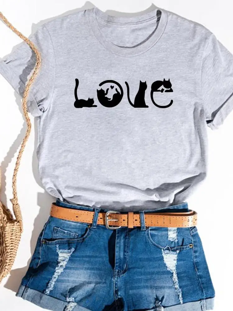 

Футболка женская с принтом, милая базовая одежда с надписью кошки, модный топ с коротким рукавом и графическим принтом, на лето