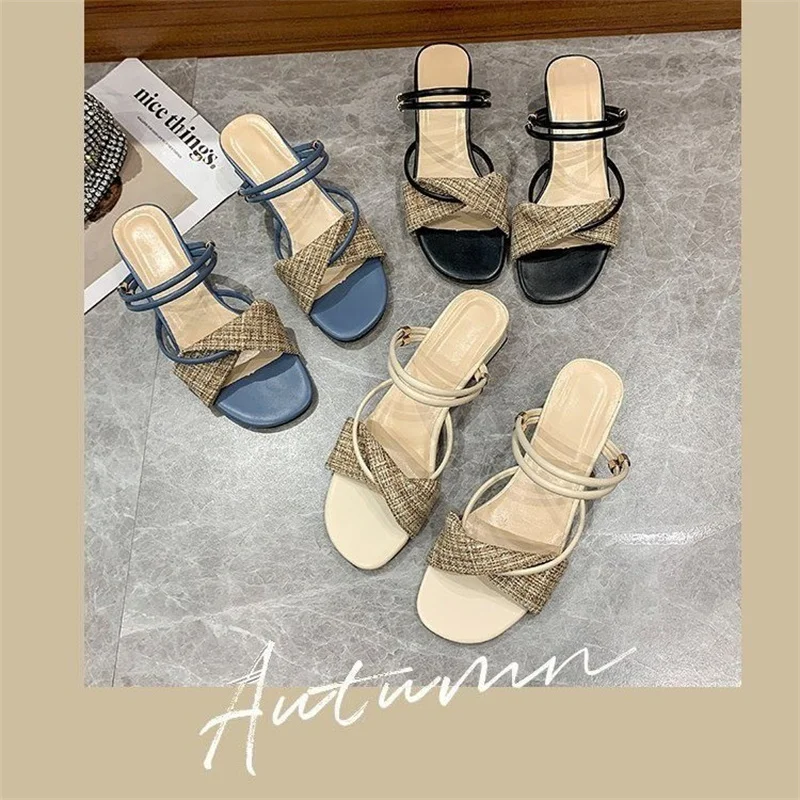 2023 New Elegant High Heels Sandals Women Summer Shoes Women Fashion Threading Methods Casual Sandals Square Heel Female Shoes