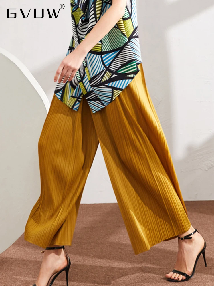 GVUW Fashion Elegant Women Pleated Long Pants Solid Color 2023 Spring New Elastic Female High Waist Wide Leg Trousers 17D1035