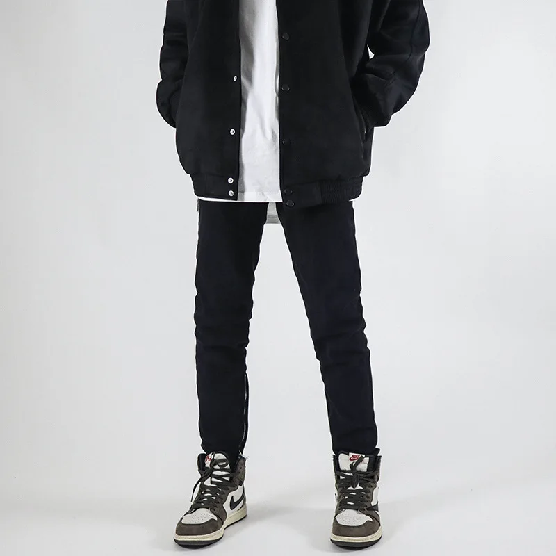 Four Seasons Men Black Jeans High Street Straight Slim Small Feet Black Zipper Design Jeans Trendy Y2K Pants Ins Hot Sale JEANS