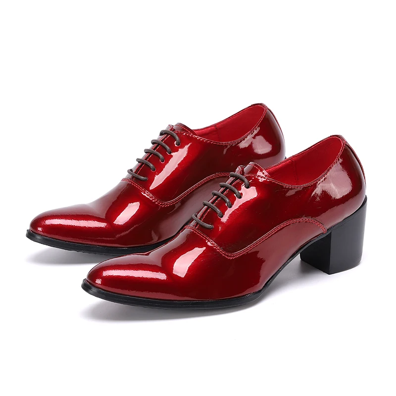 

Fashion Bridegroom Male Red Patent Leather Dress Shoes Banquet Pointed Toe Club Men Oxfords Shoes Lace Up High Heel Man Shoes