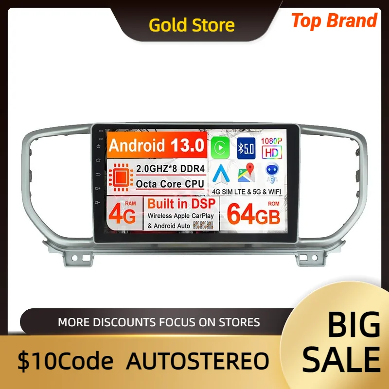 10-дюймовый автомобильный GPS-навигатор Carplay Android 13 для KIA Sportage 2016-2019 авто стерео