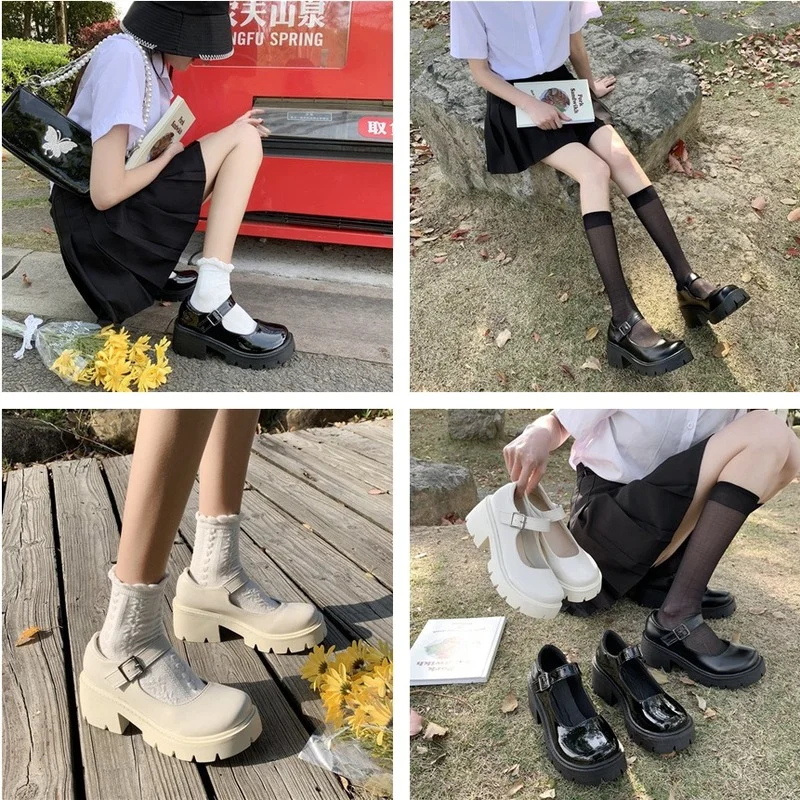 Lolita Shoes Japanese Girl Platform Black High Heels Fashion Round Toe Mary Jane Women Patent Faux Leather Student Cosplay Shoes