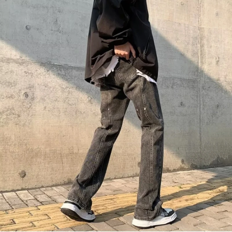 DEEPTOWN Retro Patchwork Jeans Men Loose Casual Fashion Straight Streetwear Youth Denim Pants Korean Style Black Trousers Male