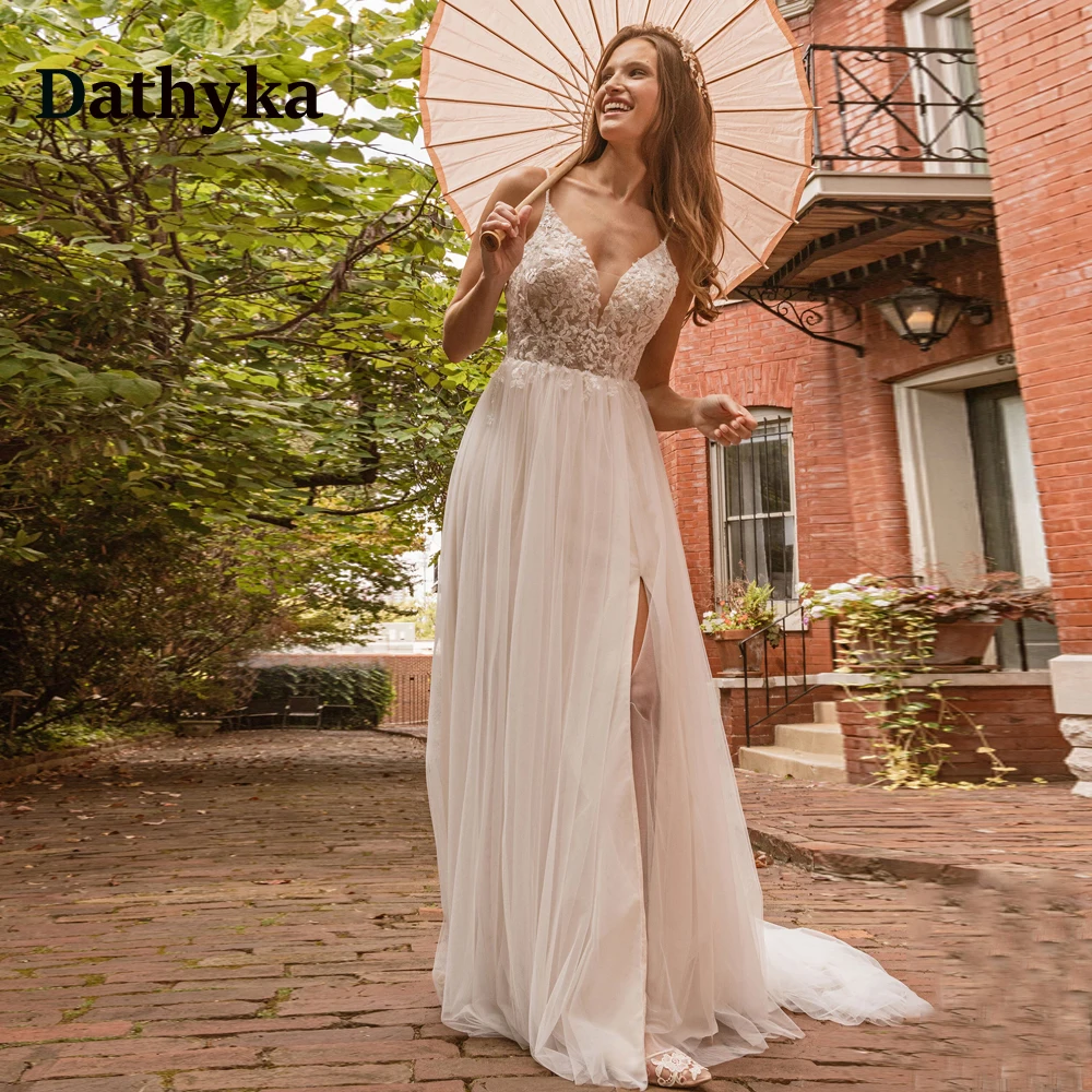 

Свадебное платье Dathyka Bohe для невесты, с V-образным вырезом, на бретелях-спагетти, трапециевидного силуэта, без рукавов, с разрезом, Тюлевая аппликация, с открытой спиной