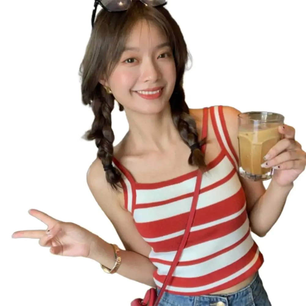 

Square Collar Stretchy Sleeveless Exposed Navel Suspender Top Sexy Striped Print Slim Knitted Crop Top Female Clothing