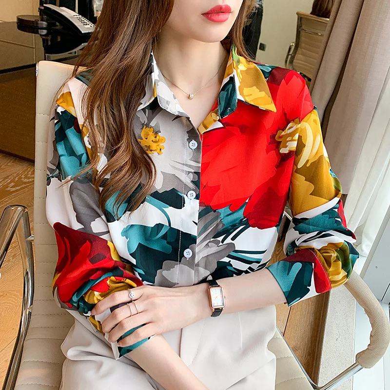 

Chiffon Blouse Women's Office Button Up Shirt Lady Long Sleeve Print Tops Spring 2022 New Loose Blouses Fashion Clothes