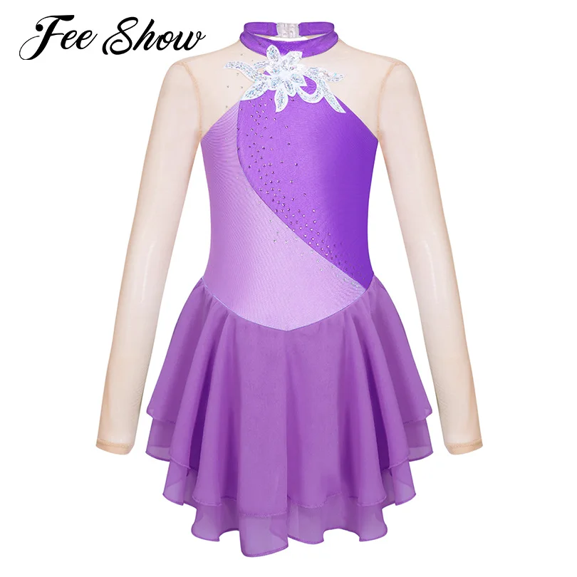 

Kids Girls Long Sleeve Ballet Dance Dress Gymnastics Leotards Dancewear Shiny Rhinestone Sequins Chiffon Layers Skating Costumes