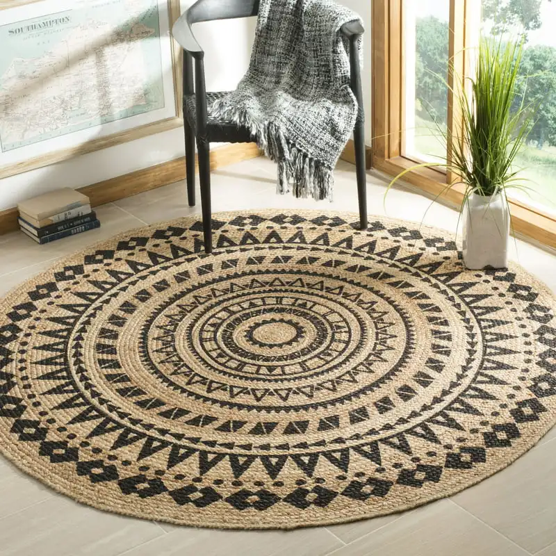 

Fiber Zoolander Geometric Jute Area Rug, Black/Natural, 8' x 8' Round Girl room decor Mushroom Bathroom carpet Prayer mats musli