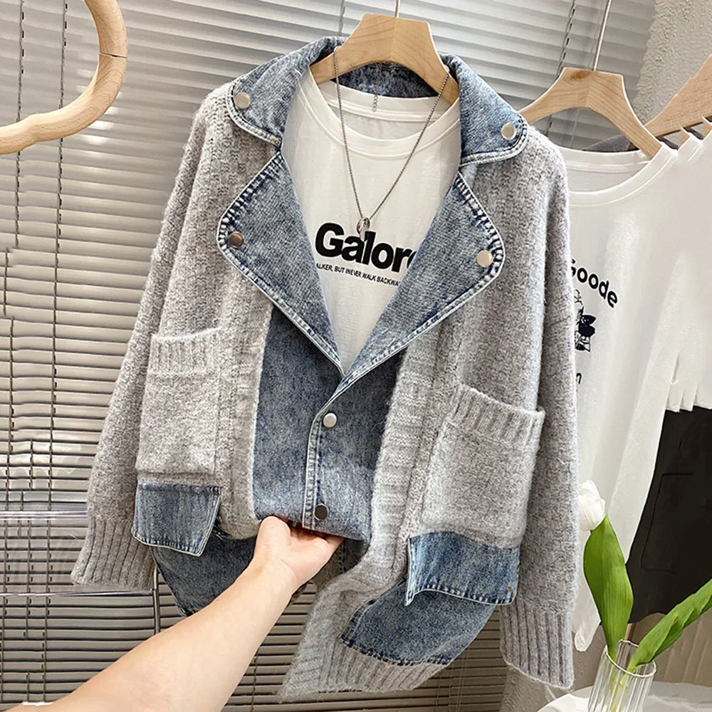 Женская джинсовая куртка с длинным рукавом Свободный кардиган-жакет оверсайз из