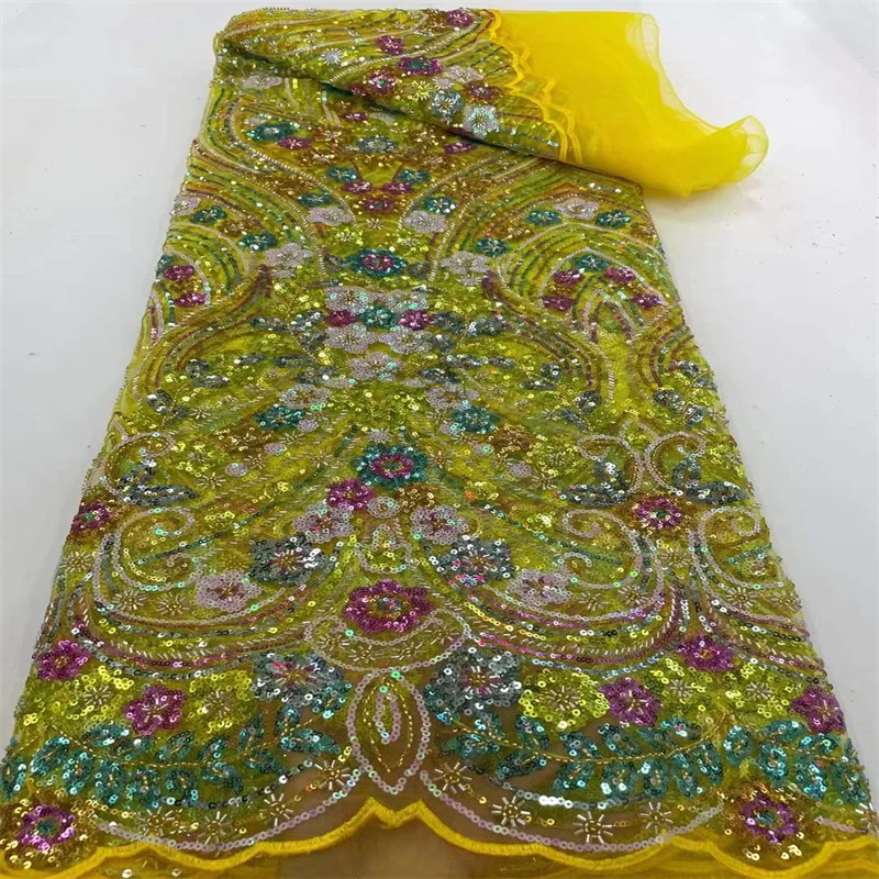 

Yellow African Lace Fabric 2022 High Quality 5 Yards Sequins Groom Embroidery Nigerian French Lace Fabric For Wedding Dresses