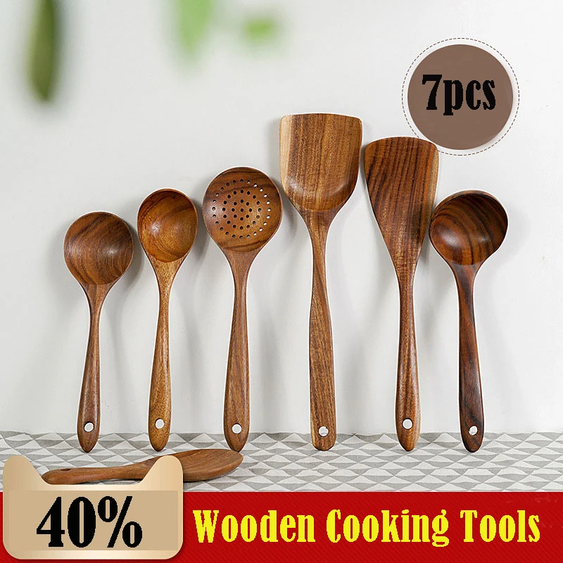 

Thailand Teak Natural Wood Tableware Spoon Ladle Turner Long Rice Colander Soup Skimmer Cooking Spoons Scoop Kitchen Tool Set