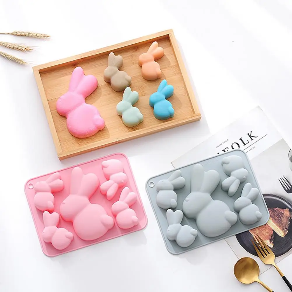 

5 Cavities Cake Mold Food Grade Non Sticky Baking Tray Easter Bunny Shape Chocolate Cookie Fondant Silicone Mold for Bakery