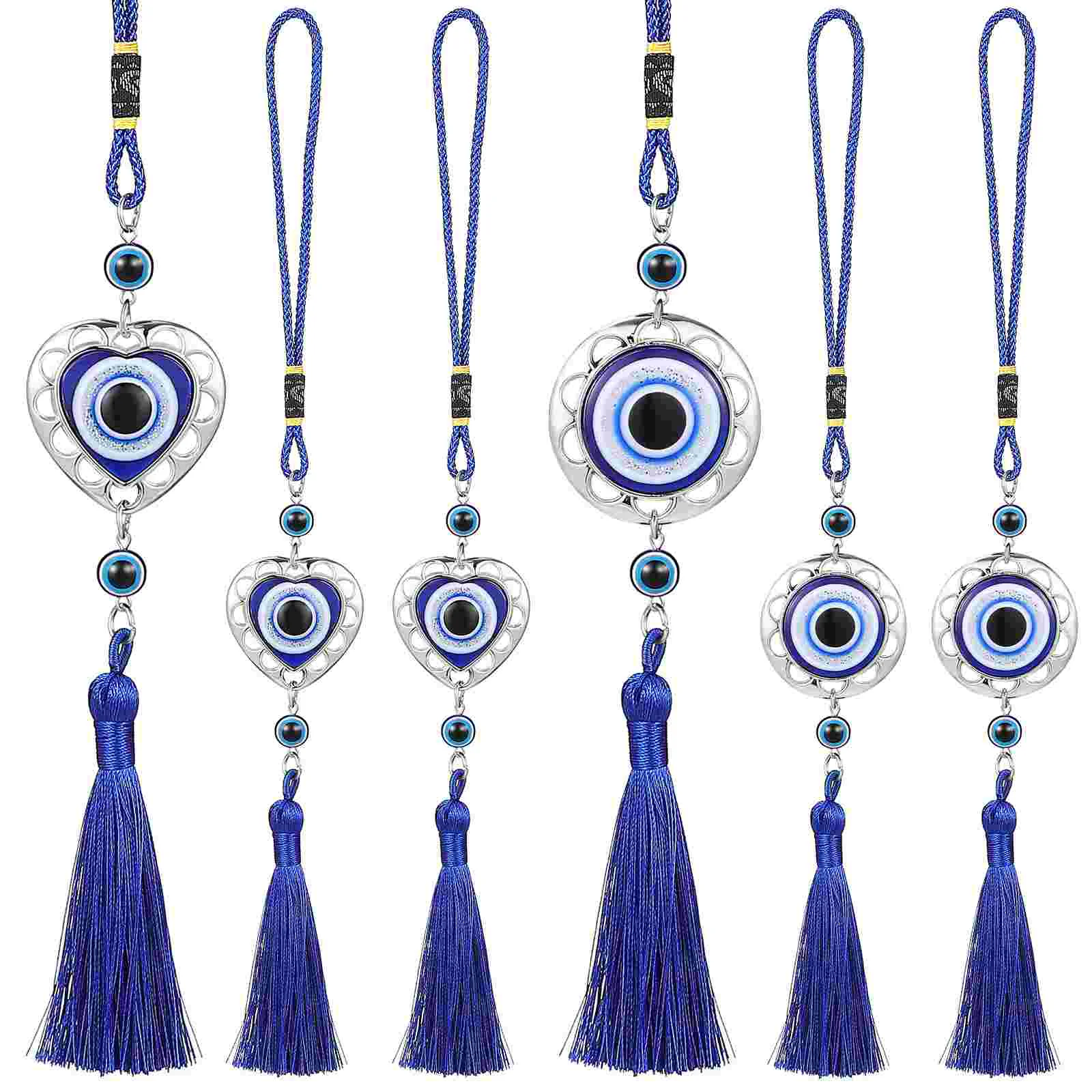 

6 Pcs Evil Eye Tassel Hanging Decors Hanging Heart Round Shaped Fringe Charms Car Hanging Adorns