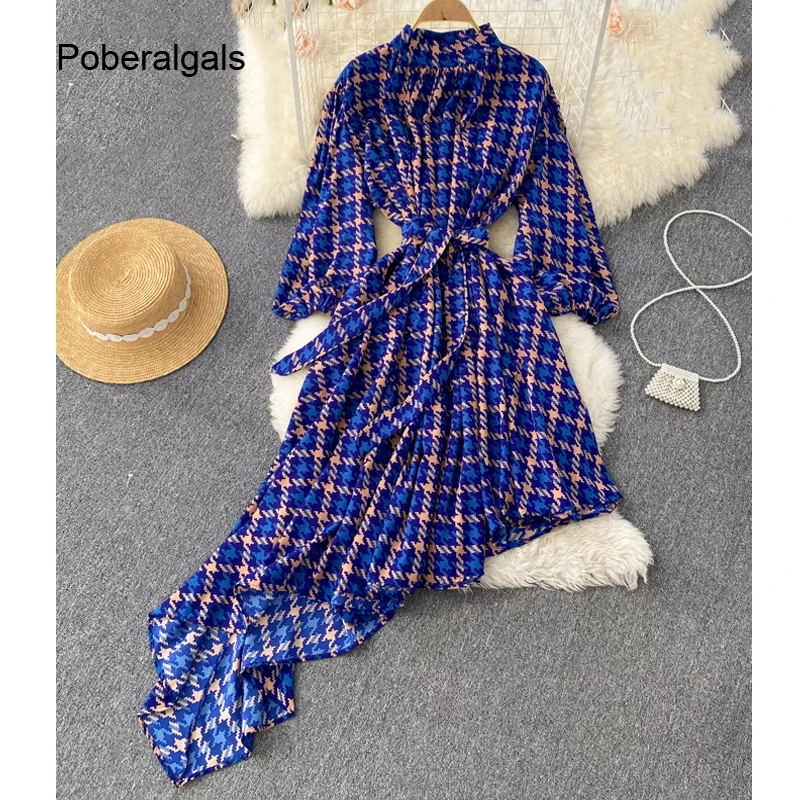 

High Street Irregular dress women's spring Korean 2022 Fashion new bandage waist slim puff sleeve dresses trendy Chiffon dress