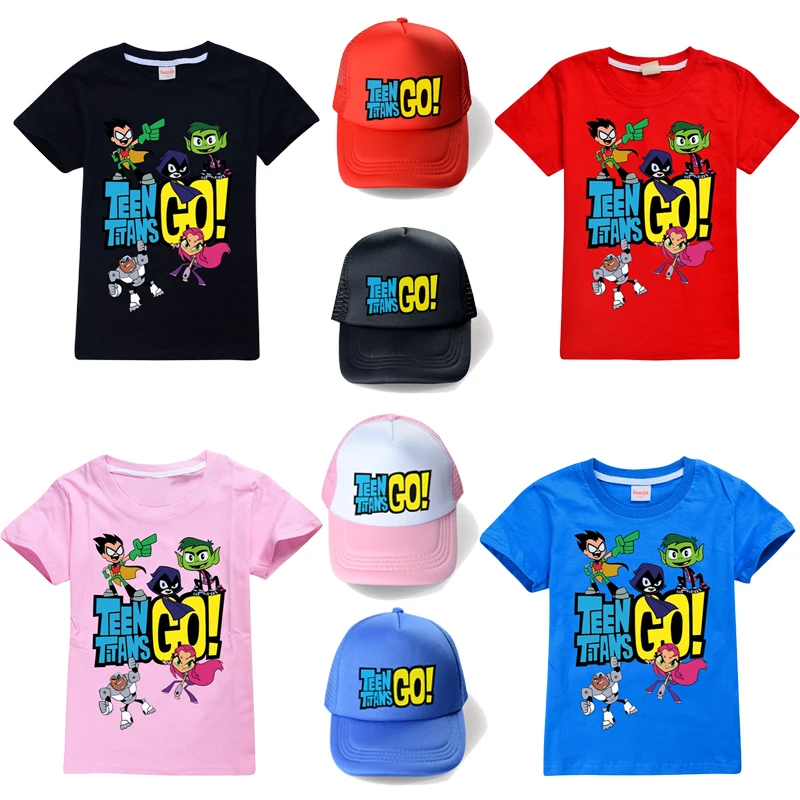 

Summer Unisex 12 colour Teen Titans Go Short Sleeve Printing 100% cotton T-shirt+sunhat Boys Girls Clothes kids tee top Clothes