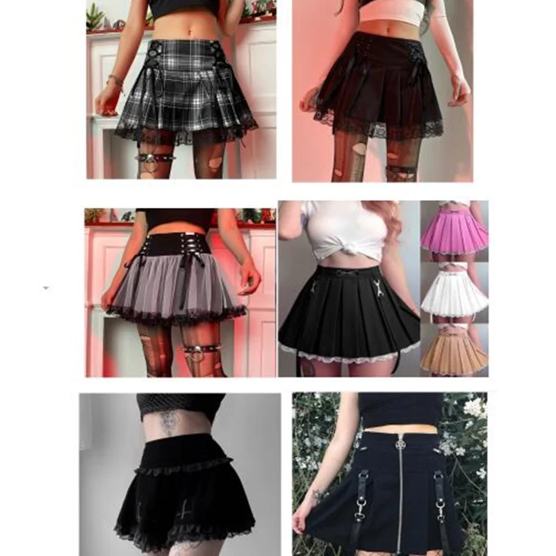 E-girl Gothic Lace Mini Pleated Skirt Women Punk Y2K Aesthetic High Waist A-Line Short Skirt 90s Vintage Harajuku Streetwear