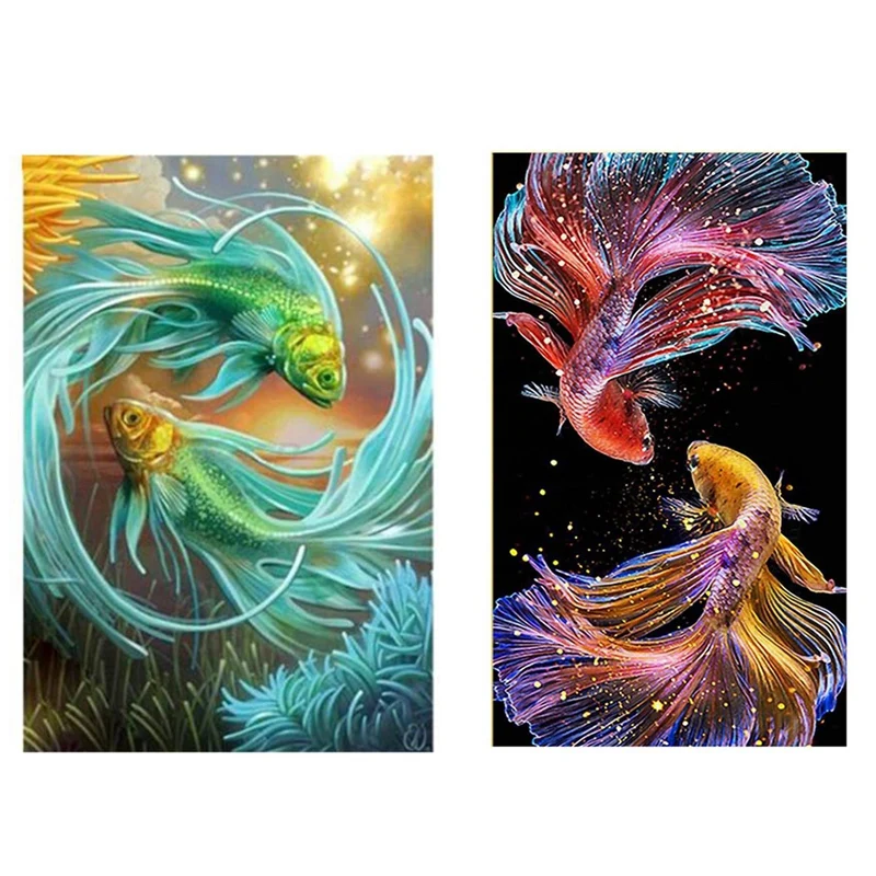 

Бриллиантовая вышивка, картина Стразы в виде рыбы, домашний декор, алмазная живопись, зеленая рыба и цветная двойная рыба