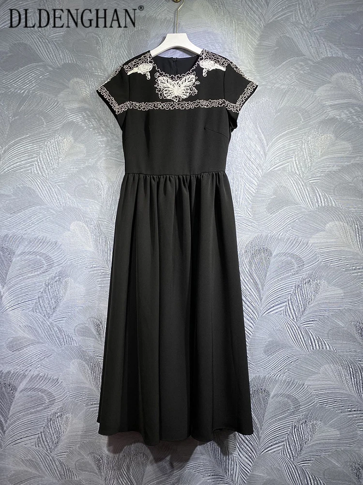 

Длинное платье DLDENGHAN для ранней осени, женские черные винтажные платья с круглым вырезом, коротким рукавом и вышивкой, с высокой талией, модные Подиумные платья, новинка