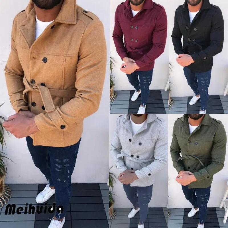 

2023 Men's Fashion Trend Men's Coat Belt Long Sleeve Woolen Coat Trench Double Breasted