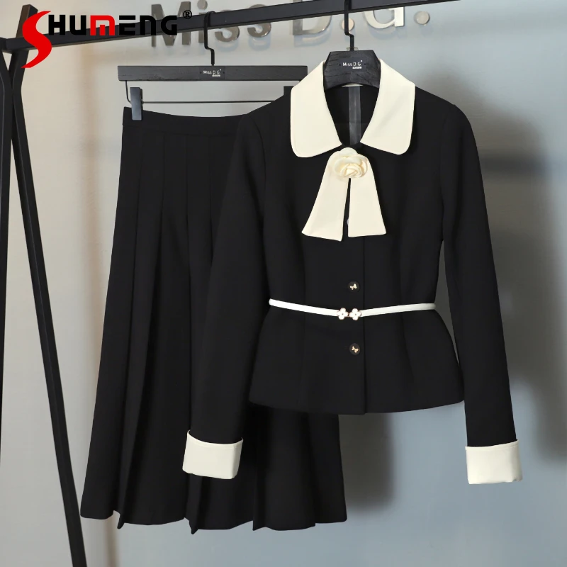 

Temperament Suit Skirt Suit Lapel Long Sleeve Black Blazer Coats Long Pleated Skirt Two-Piece Set 2022 Spring New Women Clothing