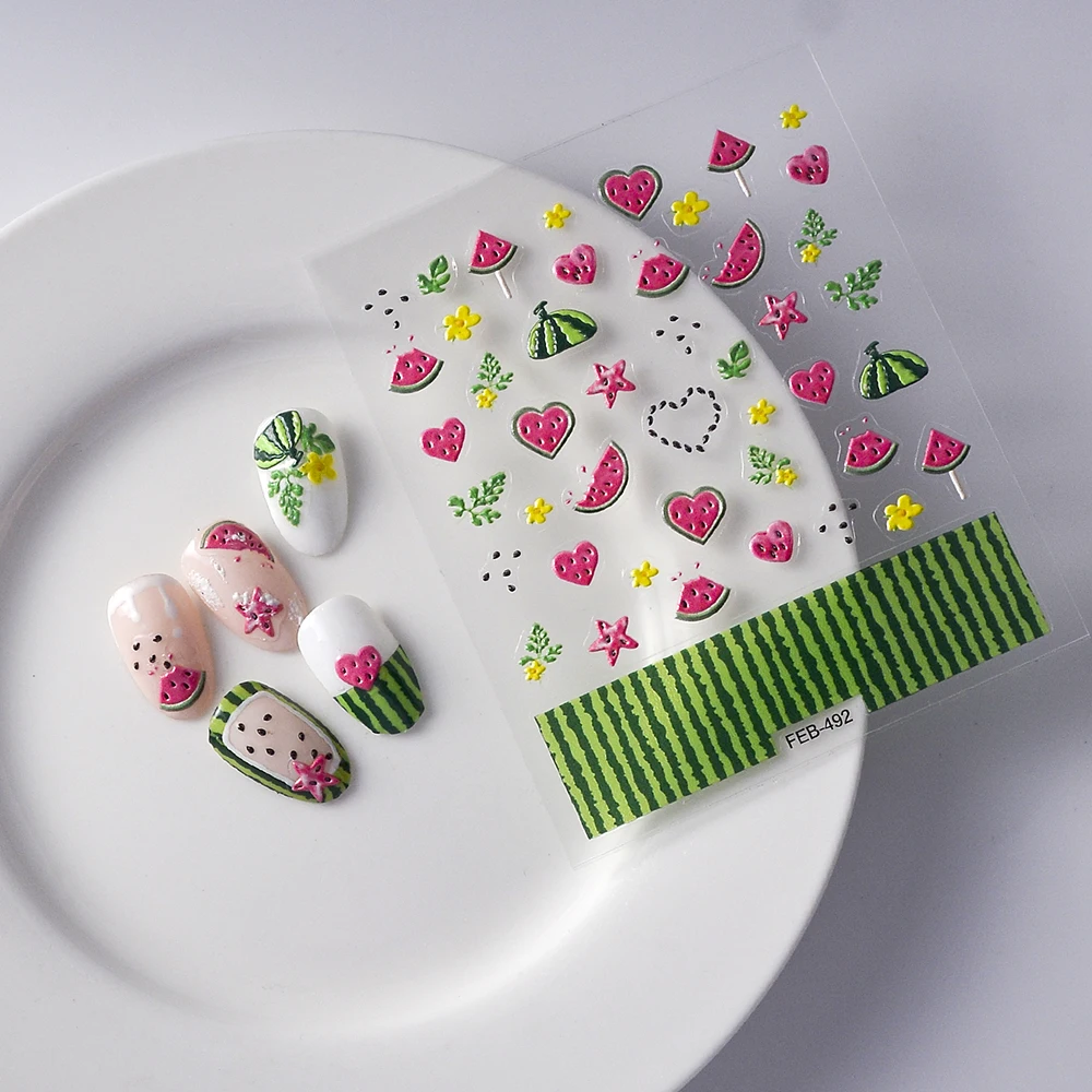 

FEB-492 Summer Green Watermelon 5D Nail Stickers Nail Sliders For Woman Manicure Accessories