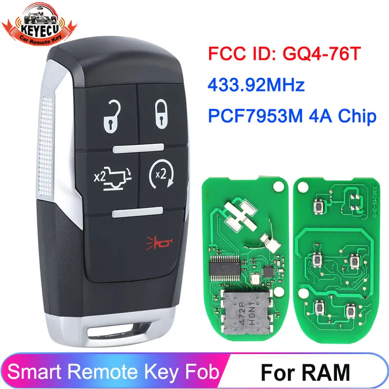 

KEYECU Smart Remote Key Fob 5 Buttons FCC ID: GQ4-76T For RAM 2500 3500 4500 5500 2019 2020 2021 433MHz 4A Chip P/N: 68374994