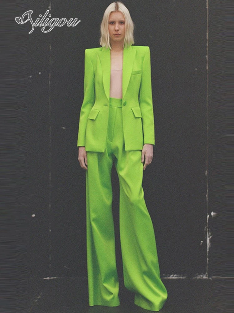 

Ailigou Blazer Pants Set Green Office Pants Set Two Piece Women's Business Dress Single Button Wide Leg Pants Suit Formal Suit
