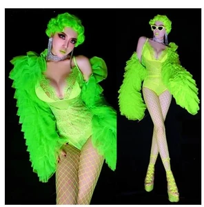 Perspective Sexy Exaggerated Puff Sleeve Shawl Team Performance Clothes Bar Stage Gogo Fluorescent Green Costume Lace Bodysuit