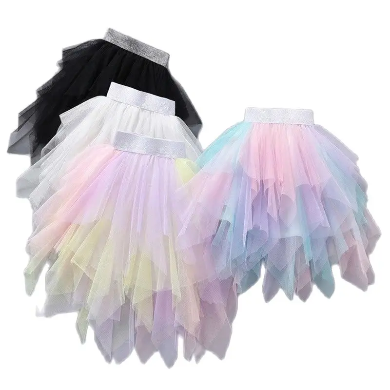 3-12Yrs Gauze Girls Skirts Rainbow Irregular Skirt Children's Clothes Bottomst Girl Tutu Princess Dance Skirt Mother Child Skirt